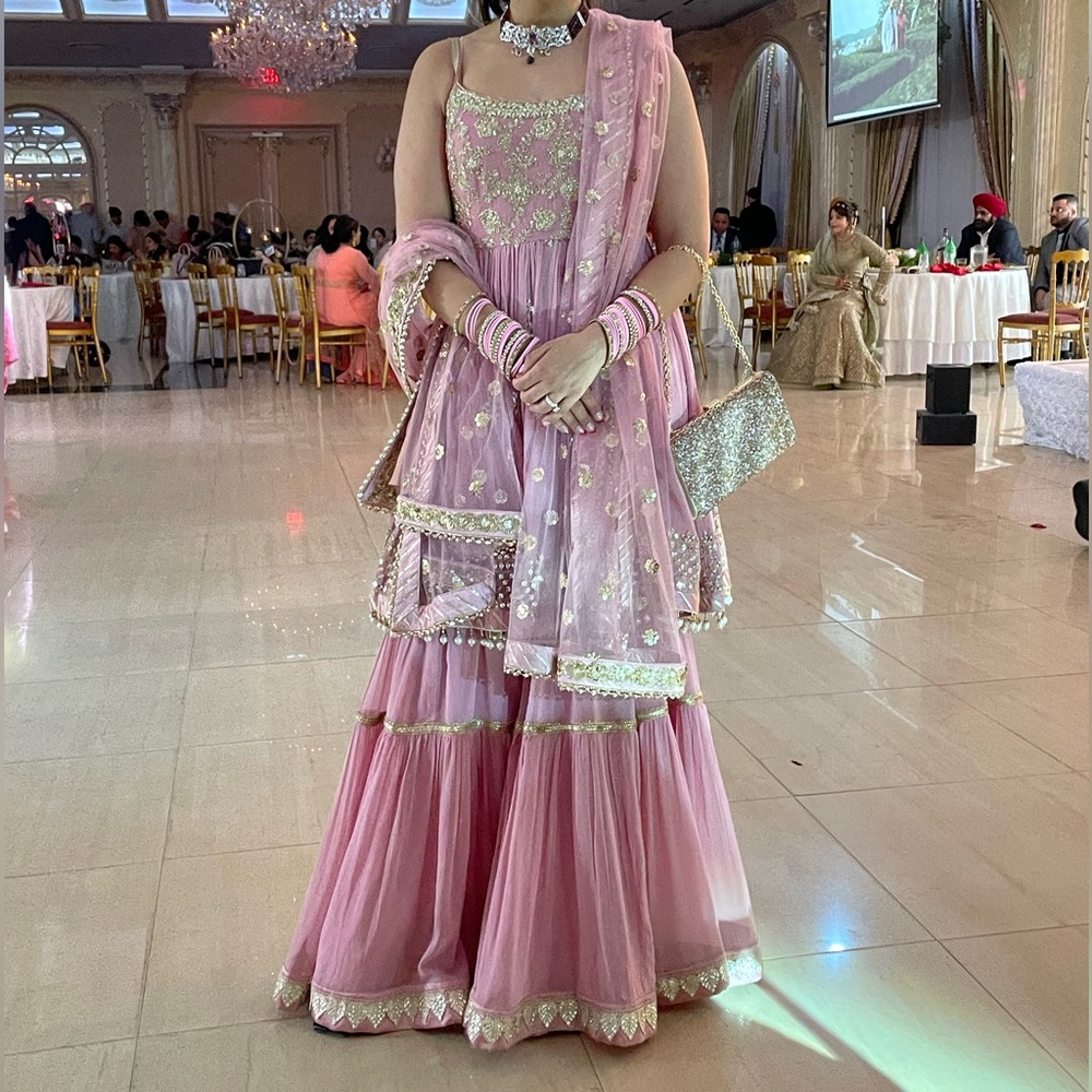 Baby pink georgette babydollsharara with pearl work